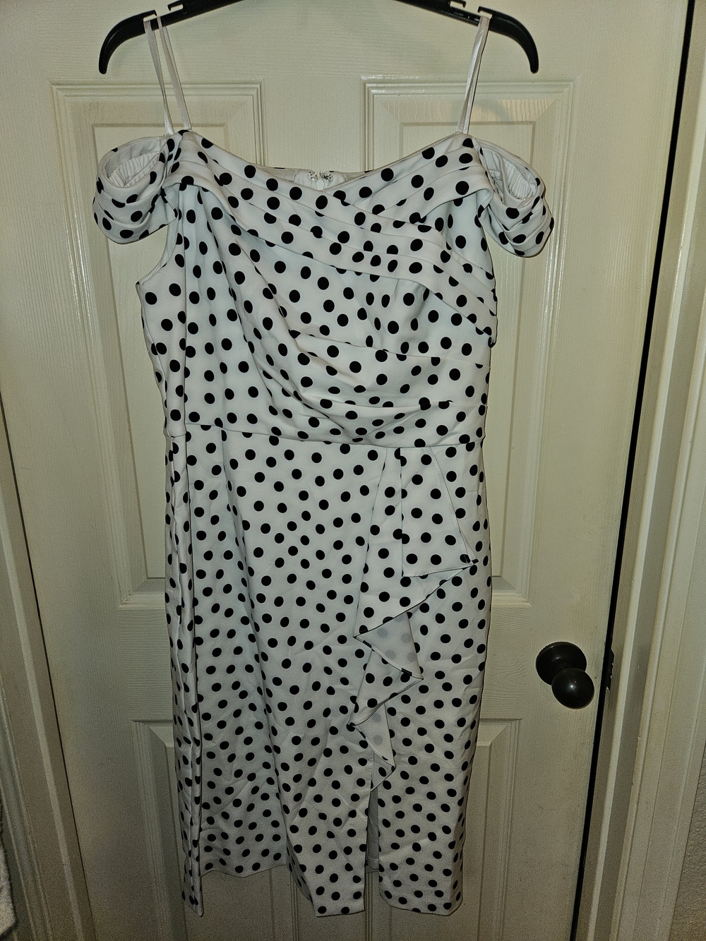 Adrianna Papell White and Black Polka Dot Off-Shoulder Midi Dress